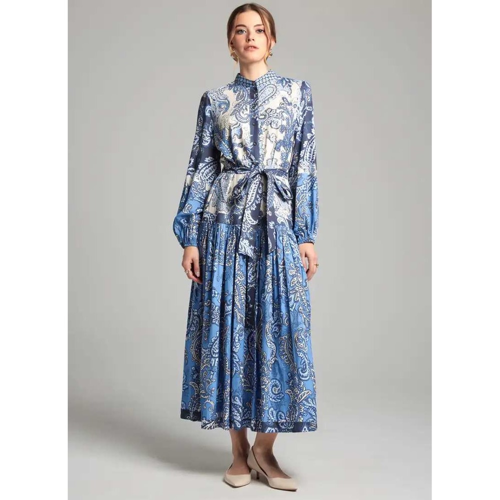 Miss June Paris Maxi Dress OS Blue Paisley Long Sleeve Button Front Boho Flowy